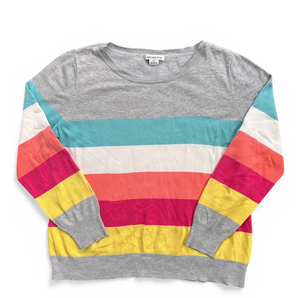 Liz Claiborne Striped Sweater Women XL Grey Multi-Color Excellent Crew Neck Knit